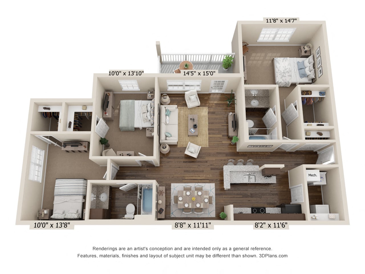 Floor plan for 3 beds, 2 baths, 1330 sqft